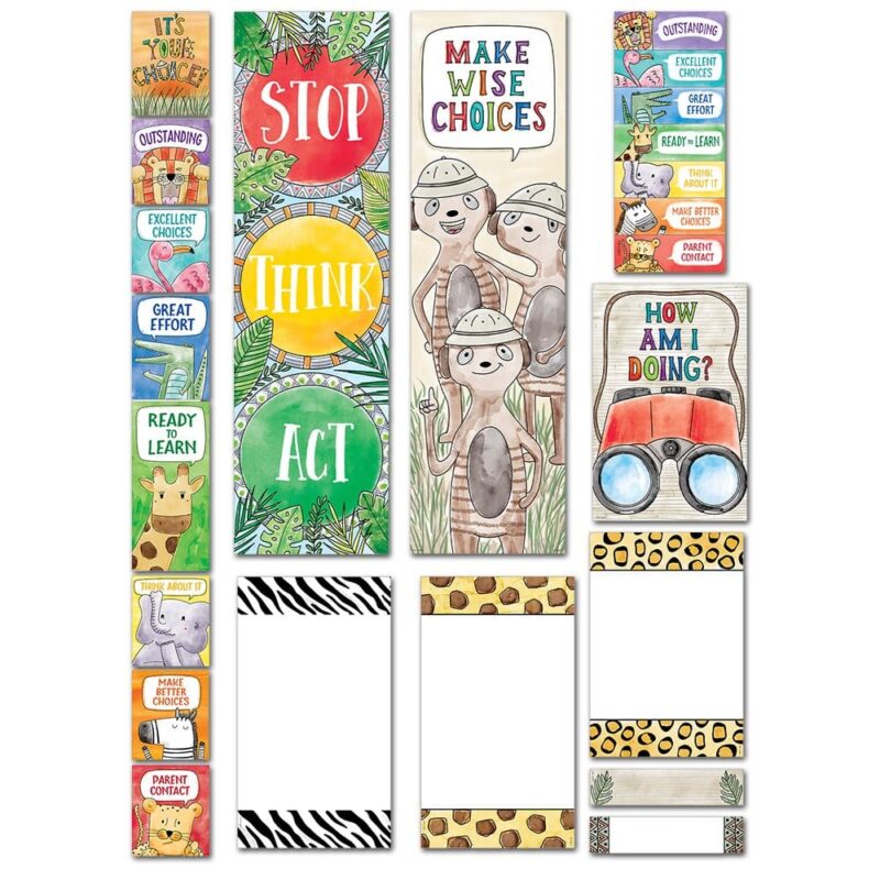 Creative teaching press help students keep track of their behavior throughout the day and develop personal accountability for their choices with this whole-class management tool. This colorful 21-piece safari friends behavior clip chart mini bulletin board contains 9 pre-printed behavior clip chart pieces, 2 customizable blank behavior clip chart pieces, 2 blank labels, 6 desktop behavior clip charts, and 2 motivational messages ("stop. Think. Act. " sign featuring a stoplight and a "make wise choices" sign). Behavior chart includes different colors to indicate each level of behavior management: outstanding (lion, purple), excellent choices (flamingo, turquoise), great effort (blue, crocodile), ready to learn (giraffe, green), think about it (elephant, yellow), make better choices (zebra, orange), and parent contact (cheetah, red). The individual behavior card pieces allow you to choose as many or as few levels as you'd like. The cute safari friends give this set a charming look that will make classrooms feel warm and friendly. Assembled chart measures 6" x 63" 21 pieces additional desktop behavior clip charts (ctp 0698) are sold separately. Mini bulletin board set also includes an instructional guide with display ideas and classroom lesson activities.