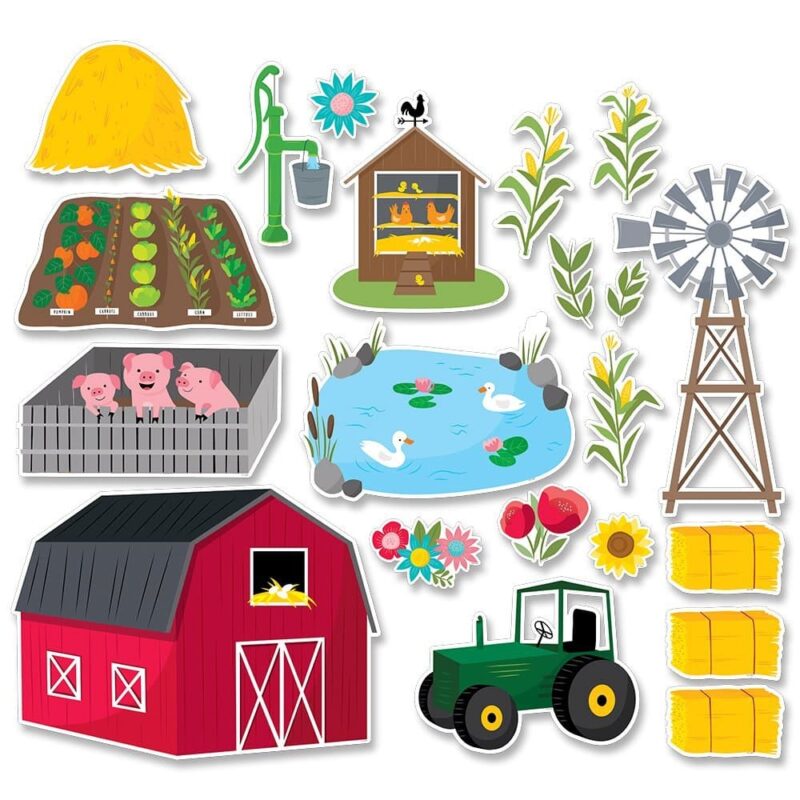 Creative teaching press take a visit to the farm with this farm fun bulletin board.    children will enjoy learning about life on a farm, including growing crops, raising animals, farm equipment, harvesting crops, using wind power to pump water, and buildings on a farm.   great for use in early childhood classrooms. This 21-piece farm bulletin board set includes: a large red barn (22. 75"w x 16. 75"h)
a green tractor (14"w x 10. 75"h)
three pigs in a pig pen (16. 25"w x 8. 25"h)
a garden (16. 25"w x 9")
a chicken coop (11"w x 13. 75"h)
a pond with ducks and water plants (17"w x 11. 75"h)
a windmill (11"w x 22"h)
3 hay bails (7. 5"w x 4. 5"h) and a large haystack (11. 25"w x 4. 5"h)
3 stalks of corn (approx. 5" x 9. 5"h)
4 flowers (approx. 4. 5"w x 4. 25"h)
a water pump (6. 25"w x 11. 5"h)