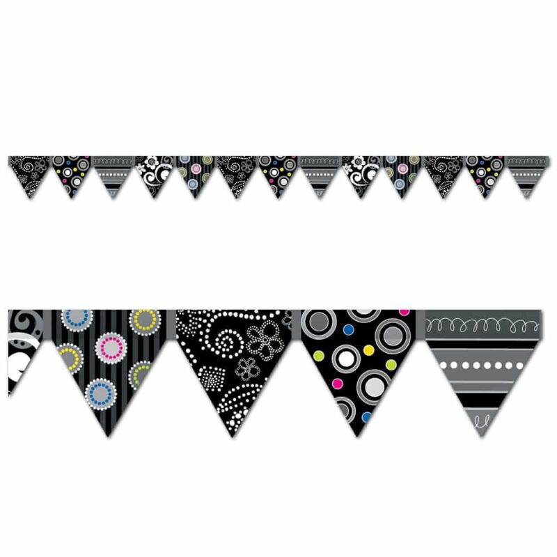 Creative teaching press bring style and sophistication to any space with this unique pennant border! This classic color palette will look great on bulletin boards, doors, and in common areas! 2¾" wide 35 feet per package coordinates with bw collection products.