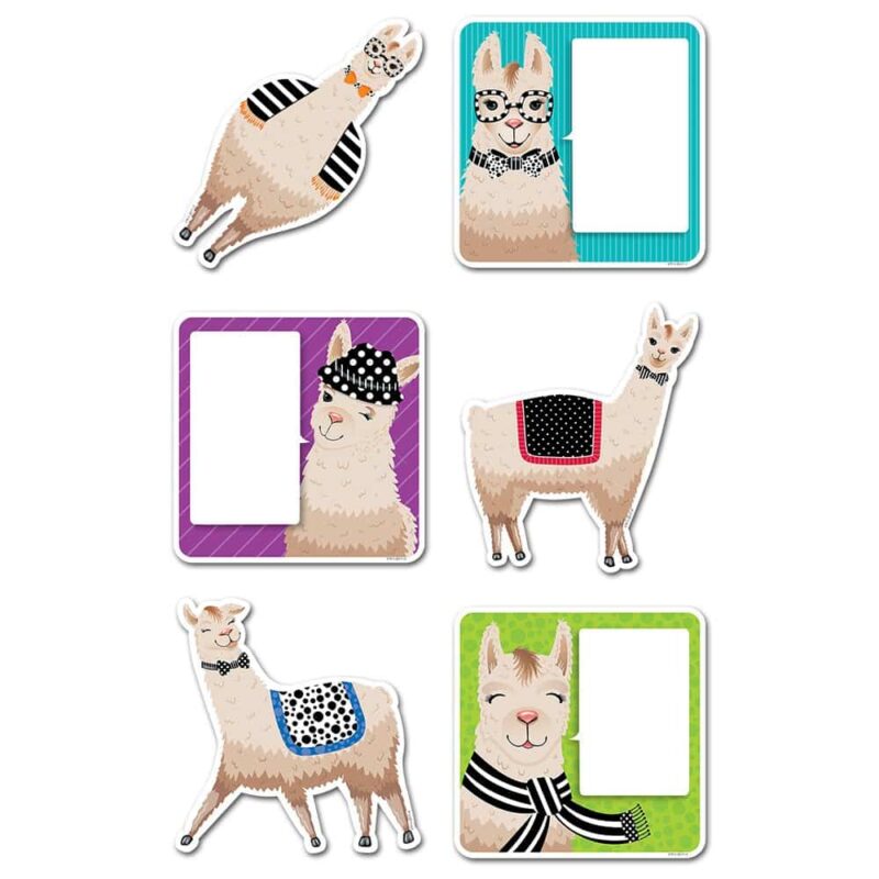 Creative teaching press need a cute cut-out? No-prob-llama! These llamas 6" designer cut-outs feature close-ups of llamas with speech bubbles, as well as llamas in full body poses. Their cute smiles and black and white accents (striped glasses, polka dotted ties, and striped scarves) will surely be a fun addition to any bulletin board, classroom display, or art project. 36 per package 6 each of 6 designs approximately 6"