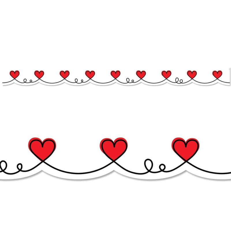 Creative teaching press delightfully simple and full of love, this doodle hearts border will brighten your bulletin boards for valentine's day, friendship, "all about me," and more!   also, use it for a science bulletin board about the circulatory system, exercising, and keeping your heart healthy. Perfect for a "we love ____" (insert name of subject or content) bulletin board.   35 feet per package
width: 2 ¾"