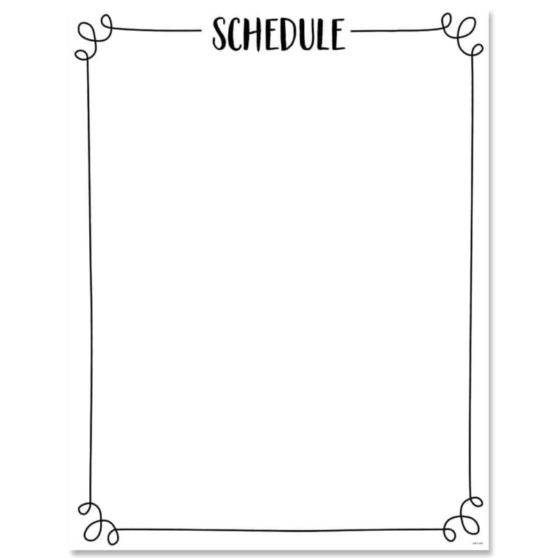 Creative teaching press the simple lines and curling loops give this core decor schedule chart a charming style that is perfect for a variety of classroom and school settings. This chart features a simple design and an open writing space that can be easily customized to any class or school schedule.  
chart measures 17" x 22"