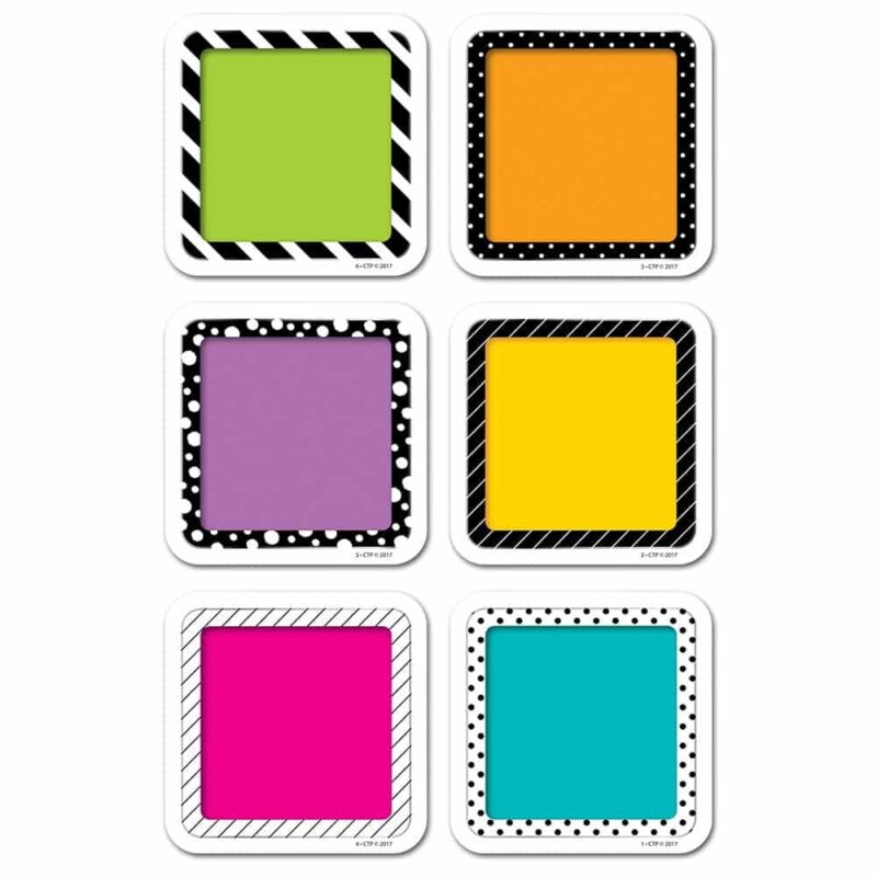 Creative teaching press this versatile set of bold & bright colorful cards 3" designer cut-outs can be used in so many ways. These brightly colored squares feature an open writing space making them useful around the classroom as calendar days, accents on bulletin boards, labels for supplies, pieces in a pocket chart, and more! These modern cut-outs will make a colorful addition to any bulletin board or display at school, the office, college dorm, , or daycare center. 36 per package 6 each of 6 designs
