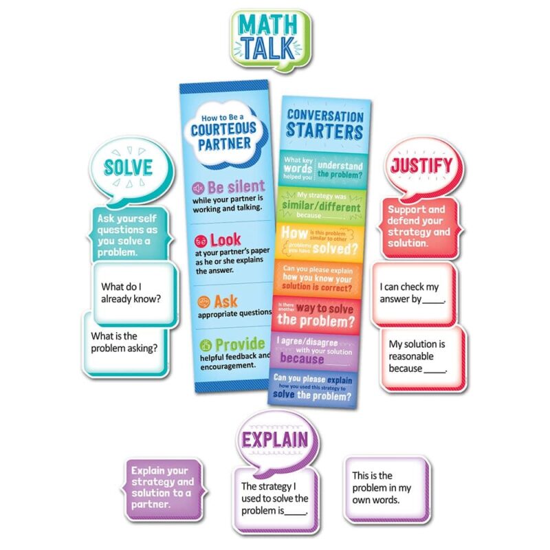 Creative teaching press this 34-piece math talk mini bulletin board will help students in gr. 3 & up: understand the meaning and importance of math talk use appropriate questions and statements to facilitate structured, math-focused conversations develop a deeper understanding of their own math knowledge and thinking set covers four math talk concepts: explain justify solve question includes guide for developing math talk: explain your strategy and solution to a partner support and defend your strategy and solution ask yourself questions as you solve a problem ask your partner questions about the strategy/solution -use to solve the problem sample math talk questions and statements: is there another way to solve the problem? How can i explain and justify my answer? Can you please explain how you know your solution is correct? This is the problem in my own words... My solution is reasonable because... Mini bulletin board set also includes an instructional guide with display ideas, classroom activities, and related learning standards.