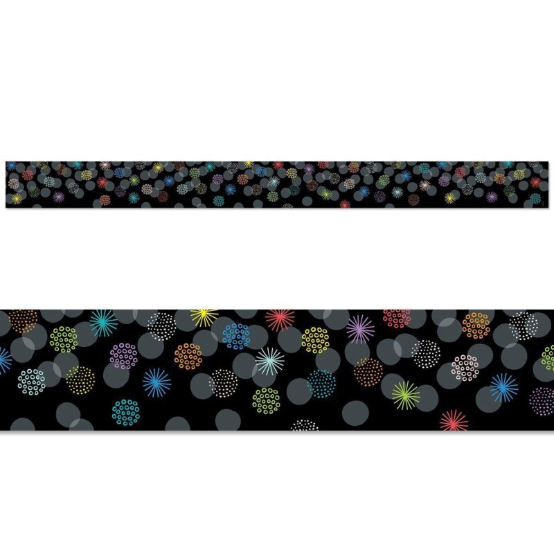 Creative teaching press give bulletin boards a fresh look and dimension with this dots and doodles border.   this unique border features a bold combination of opaque gray dots layered with colorful bursts and doodles set against a black background to create a holographic-type effect.   layer with a lime green solid border for a modern-looking, floral theme for the spring or summer 35 feet per package
width: 3"