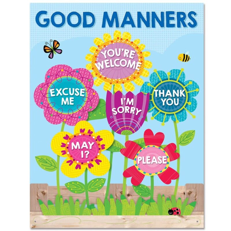 Creative teaching press good manners will bloom all over your classroom with the helpful reminders on this brightly colored good manners chart. Chart highlights six good manners for students: excuse me, you're welcome, may i? , i'm sorry, thank you, and please. This chart includes good manners activity ideas and a reproducible on the back. The colorful flowers on this chart will brighten your classroom all year long. Chart measures 17" x 22"