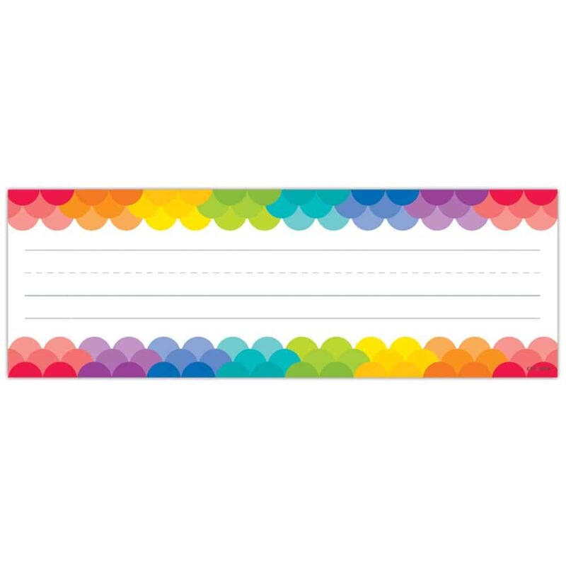 Creative teaching press these colorful rainbow scallops name plates will accent just about any classroom theme. Name plates can be used to personalize student desks, cubbies, seats at the table, take-home bags, classroom cabinets, folders, library book boxes and more! Student name plates are a must-have for any classroom. Name plates are 9 ½" x 3 ¼" 36 name plates per package
