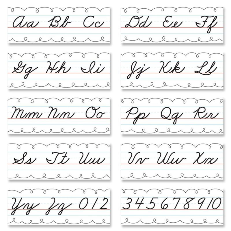 Creative teaching press simple and easy to read, this cursive alphabet line bulletin board provides a quick and clear reference for students who are learning cursive handwriting.   this set includes uppercase and lowercase letters of the alphabet and numerals 0–10 to reinforce letter and number recognition, formation, and order. Entire cursive alphabet line measures 20' w x 8. 75" h.  
bulletin board set also includes an instructional guide with bulletin board ideas, classroom activities, and a reproducible.