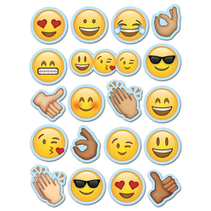 كريتف تيتشيج برس emojis are so simple, but so fun! Students will love these emoji fun stickers! The fun faces and silly smiles will encourage children with social media style. Pack also includes thumbs up, clapping hands, and a hand showing the "o. K. " sign. Approximately 1" x 1" 95 stickers per pack acid-free