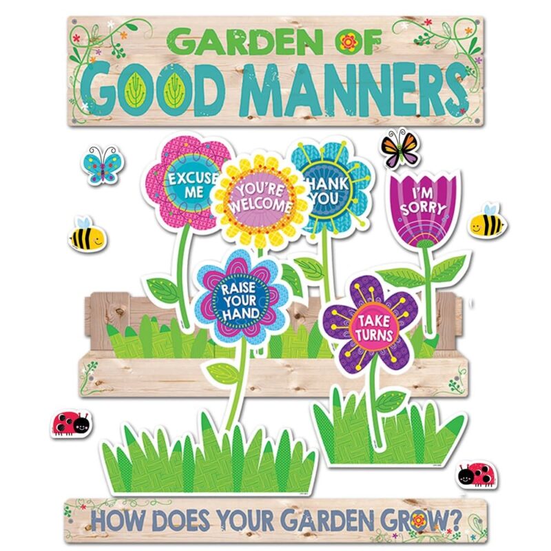 Creative teaching press good manners will bloom all over your classroom with the helpful reminders in this brightly colored good manners mini bulletin board set. Use the flower box and pre-labeled "manners" flowers to create a visual display to highlight nine good manners for students: take turns, raise your hand, help others, excuse me, you"re welcome, may i? , i"m sorry, thank you, and please. This 21-piece set also features two signs, a flower box, 9 pre-labeled "manners" flowers (take turns, raise your hand, help others, excuse me, you"re welcome, may i? , i"m sorry, thank you, and please), and 9 additional accent pieces (butterflies, grass and a blank flower). 21 pieces