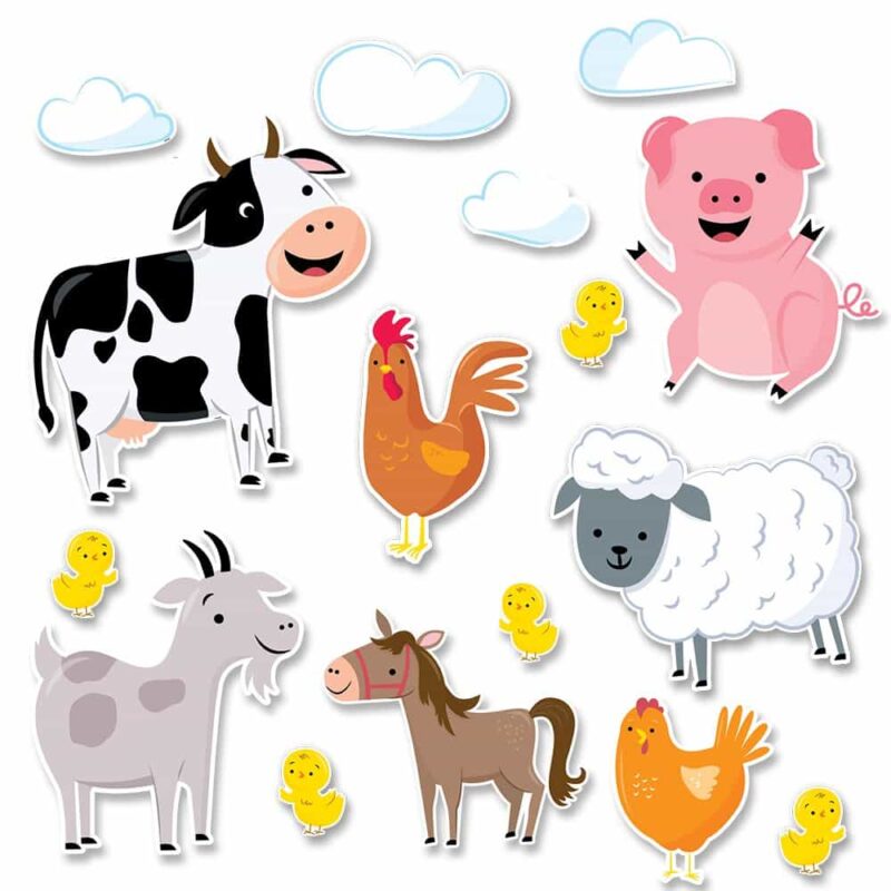 Creative teaching press the cute and happy animals in this jumbo farm friends bulletin board will add charm to bulletin boards, doors, and any classroom space. These colorful farm animals (cow, donkey, horse, chickens, pig, sheep, baby chicks) are perfect for use in a variety of classroom displays and themes: science, farm, and animals.    perfect for early childhood classrooms. This 16-piece animal bulletin board set includes: 1 cow (20. 5"w x 21. 5"h)
1 pig (14. 5"w x 16. 5"h)
1 goat (15"w x 18"h)
1 chicken (9. 75"w x 11. 5"h)
1 horse (22. 5" x 20. 25"h)
1 sheep (17. 25"w x 14. 75"h)
5 baby chicks (3. 75" x 5")
4 clouds (approx 9" x 4. 5")
1 rooster (9"w x 14. 25"h)  