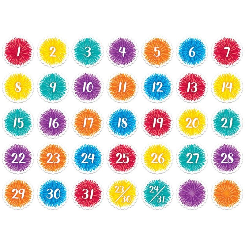 Creative teaching press bring cheerful colors to any classroom calendar with these pom-poms calendar days. Pack contains 31 number days (designs form an abc pattern), 2 combined number days (23/30 and 24/31) and 2 blank days for highlighting special events or holidays and recognizing birthdays. Calendar days are great for use on a classroom calendar during the daily calendar lesson or circle time. They can also be used as student numbers to label cubbies, folders, desks, and more! Size: approximately 2¾" x 2¾" 35 pieces