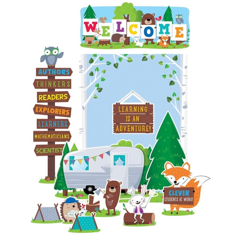 Creative teaching press the cute woodland friends in this bulletin board will give students a warm and furry welcome back to school! Woodland animals such as the fox, bear, hedgehog, bunny, raccoon, owl and more are perfect friends to start off the school year, and welcome your new troop of student "campers. " this 51-piece set features 1 welcome sign, 1 large vintage trailer, 36 student pup tents, 6 woodland animal accents, 2 large trees, a blank wood sign, an owl signpost accent, a "clever students at work" accent fox, a "learning is an adventure" sign, and a blank chart. This woodland friends welcome bulletin board set is perfect for use in a variety of classroom displays and themes: science, nature, outdoors, animals, and camping. Pieces range in size from 17" x 7 ½" to 5¾" x 3¾" welcome sign measures 17" x 7 ½" large vintage trailer measures 16 ½" x 9¾" student pup tents measure 5¾" x 3¾" blank chart measures 17 ½" x 24" ê bulletin board set also includes an instructional guide with bulletin board ideas, classroom activities, and a reproducible.