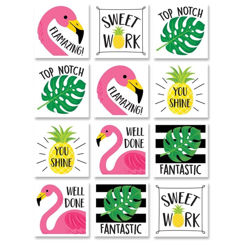 Creative teaching press recognize students for outstanding work, good behavior, and a positive attitude with these fun palm paradise rewards stickers. The bright colors and positive sayings will encourage students to produce "sweet work" and "top notch" behavior all year long.   set features images of monstera leaves, flamingos, and pineapples! Approximately 1" x 1"
60 stickers per pack
acid-free