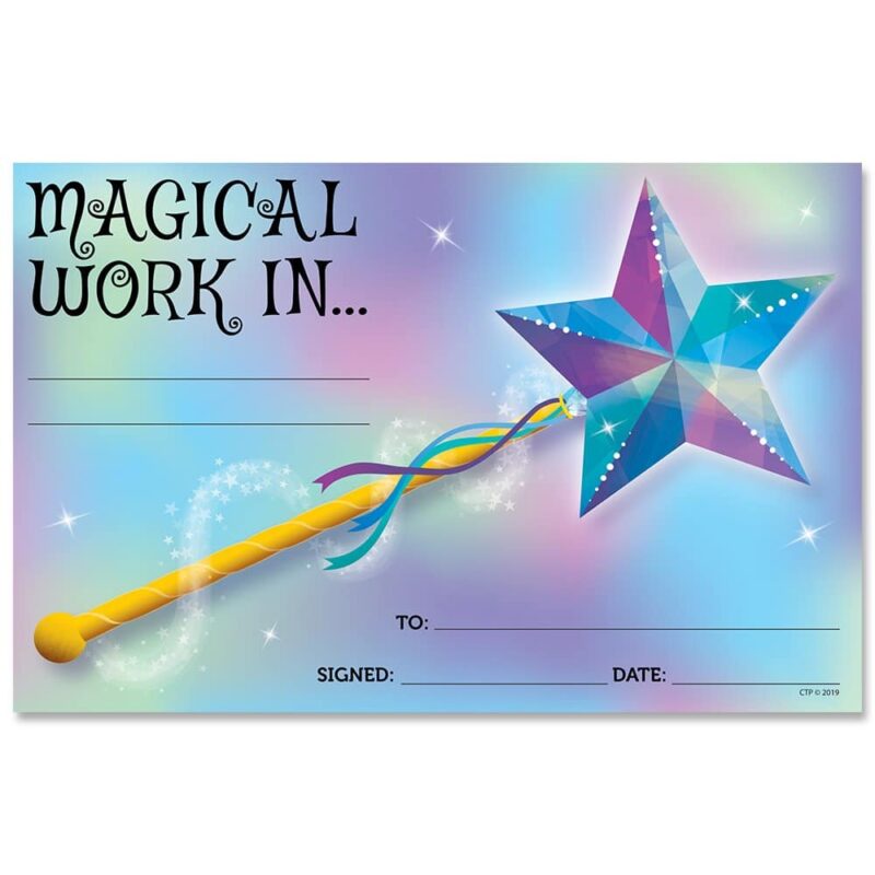Creative teaching press this magical work award features an enchanting wand and an inspiring message that students will love.   use this student award certificate for recognizing outstanding behavior, super effort, or positive attitude. Or celebrate a student's achievements in a particular subject, on a state test, or in a reading program.   awards are easy to customize for each student and special occasion.    30 colorful awards per package
5 ½" x 8 ½"  bonus: awards are printed on sturdy paper stock so they can be enjoyed for years to come.   
 