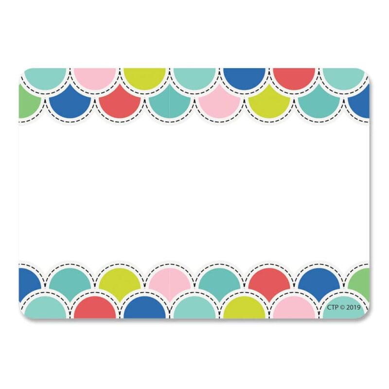 Creative teaching press a fun twist on simple scallops, these poppin' scallops labels feature a fresh color palette and black dashed edging.   adhesive labels are great to use at school, home, and the office!   use them as name tags for first day of school, field trips, open house, back-to-school night, parent visitations, class parties, and more!   these labels are also perfect for organizing around the classroom or in an office.   use them for labeling supply bins, storage containers, book libraries, binders and folders, drawers, and more.   self-adhesive
3½" x 2½"
36 per package