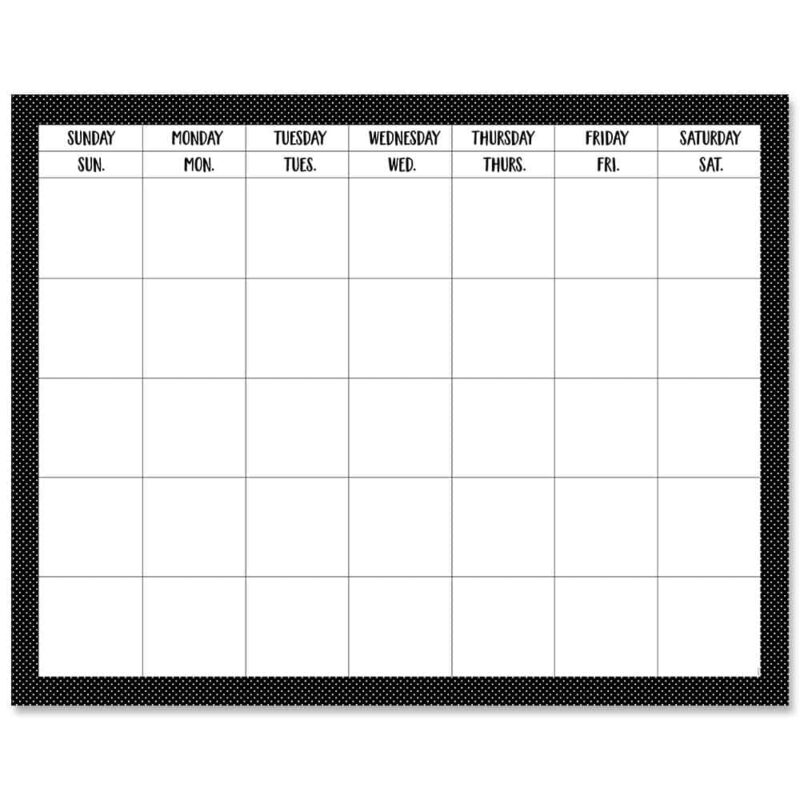 Creative teaching press this versatile swiss dots calendar chart features big squares for writing in dates or for posting calendar days, 3" calendar cut-outs, or 3" designer cut-outs.   use this large classroom calendar during any daily calendar lesson or circle time at a preschool, elementary school, or daycare.   the charming polka dot pattern coordinates with any classroom theme.  
chart measures 28" x 22"
pair with ctp 10197 core decor calendar days and ctp 10255 core decor months of the year mini bulletin board.