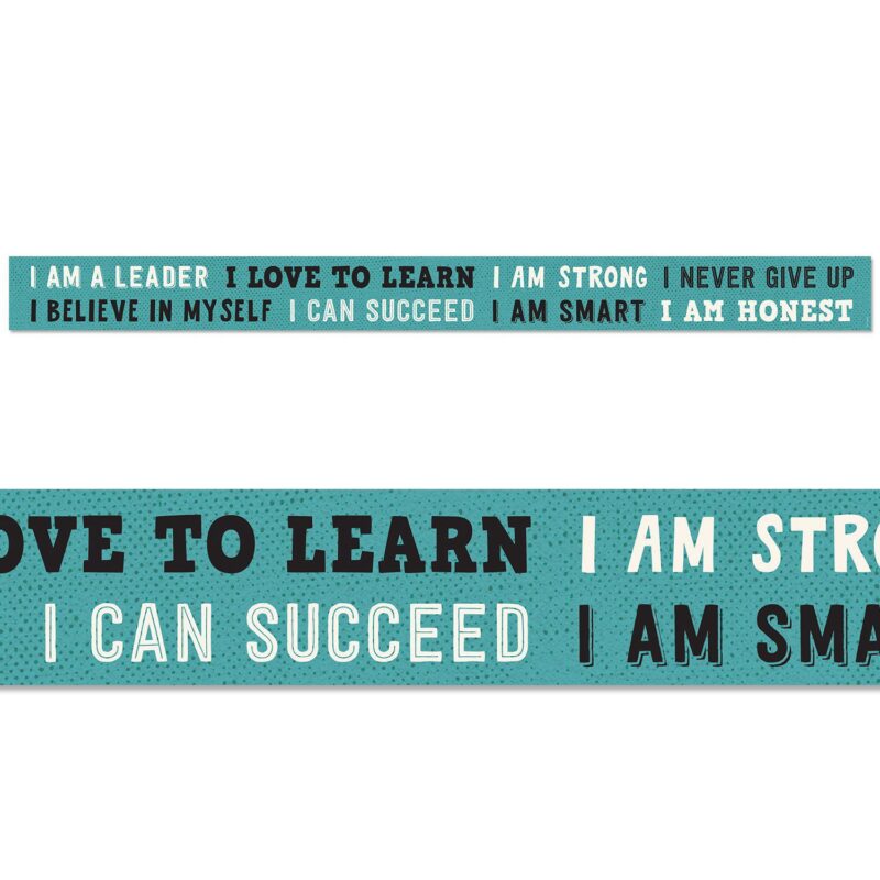 Creative teaching press this motivational border from our what's your mindset? Product line features inspirational phrases such as "i am a leader," "i love to learn," "i believe in myself," and "i am smart. "
inspirational and encouraging, this growth mindset border will help students think positively about themselves, build their self-confidence, and develop a growth mindset. This border is a great visual reminder to students that through a positive mindset, hard work, and dedication, they can improve themselves and their abilities. Use this border on bulletin boards for "all about me," self-esteem, growth mindset, grit, or character traits/character building.   35 feet per package
width: 3"