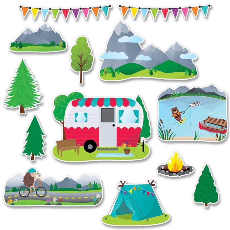Creative teaching press go on a wilderness adventure! This woodland friends woodland fun bulletin board will take students into nature to experience trees, mountains, lakes, and camping.   this bulletin board set is perfect for use in a variety of classroom displays and themes: science, nature, outdoors, animals, and camping.   it is also great for use at summer camps or vacation bible school.  
this 13-piece nature and camping bulletin board set includes: camper (23" x 16. 5")
lake scene (16. 5" x 13. 75")
tent (16. 25" x 11")
large mountains (23" x 14. 25")
small mountains (13. 75" x 7")
3 small trees (10. 25" x 6. 25", 11" x 5. 75", 11" x 5. 75")
1 large tree (13. 25" x 9. 5")
hedgehog on bicycle (23. 25" x 9")
campfire (8. 75" x 6. 25")
2 pennant banners (22. 75" x 3. 25") see also our woodland friends welcome bulletin board ctp 7069.  