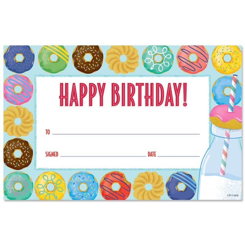 Creative teaching press what's not to love about donuts on your birthday!   this delicious-looking mid-century mod happy birthday award features an assortment of colorful donuts, a vintage bottle of milk, and a bright birthday message.   the retro-inspired design on this student birthday award will have children of any age or grade level feeling special on their big day!  bonus: awards are printed on sturdy paper stock so they can be enjoyed for years to come.   
30 colorful awards per package
5 1/2" x 8 1/2" 
awards are easy to customize for each child or student.   use these colorful awards to recognize student birthdays at school, , daycare, preschool, and more! Coordinates with mid-century mod products.