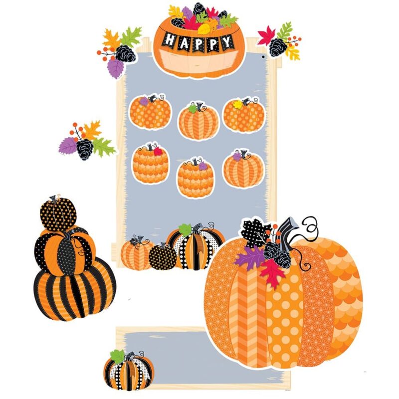 Creative teaching press the festive orange and black pumpkins in this pumpkin patch bulletin board will bring the fall season and halloween to any space. The charming polka dots, plaid, and stitching give these pumpkins a crafty, yet modern look. This versatile set can be used on a bulletin board, in a hallway, or in an office. The 39-piece set includes one extra large pumpkin (17” x 16. 25”), one large stack of pumpkins, one large pumpkin with leaf and pennants accents, one blank banner, four leaf and pine cone clusters, 30 orange student pumpkins, and a blank chart with pumpkin accents.