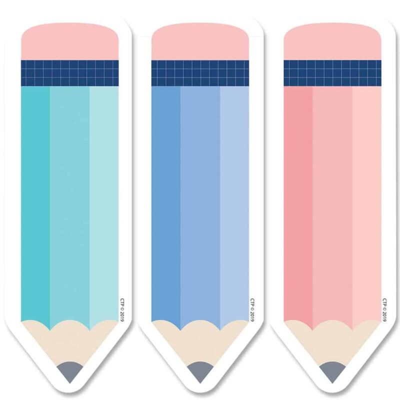 Creative teaching press get right to the point with these fun calm & cool pencils 6" designer cut-outs!   the warm tonal colors and subtle patterns are an inviting way to accent any bulletin board or school display.   great for a bulletin board about writing, art, or "sharp" student work.   these versatile [encil cut-outs are perfect for making small classroom signs, writing notes or invitations, making memory games, labeling doors, cubbies, or supply bins, and more!  
calm & cool is a décor collection that uses simple patterns and soft colors to evoke a feeling of calmness and soothe the senses.   the result is a comforting classroom environment that promotes concentration, cohesiveness, and contentment. 108 per package
36 each of 3  designs  