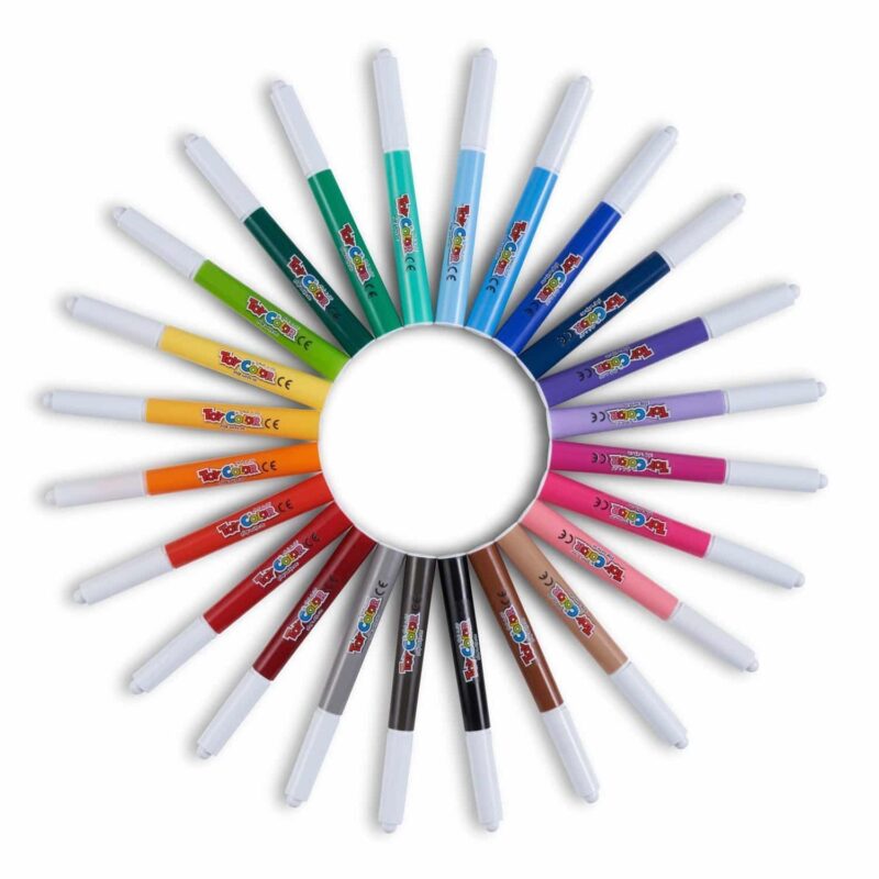 Toy color fiber pen jumbo conical tip, diameter 5 mm, with ultrawashable water based ink, washable from hands and from most of textiles. Safety ventilated cap and security end plug. Available in 12intense and brilliant colours.