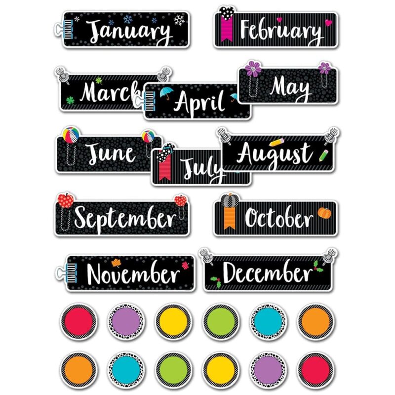 Creative teaching press this 24-piece bold & bright months of the year mini bulletin board features bright colors and seasonal and holiday accents on each month headline. Also included in the set are 12 colorful circle cut-out accents. These month headlines are great for use with a calendar chart during a daily calendar lesson or circle time. Accents featured on each month: january - snowflakes february - pink hearts march - shamrocks april - umbrellas may - flowers june - beach balls july - flip-flops august - pencils september - apples october - pumpkins november - fall leaves december - holly leaves and berries mini bulletin board set also includes an instructional guide with display ideas and classroom lesson activities.