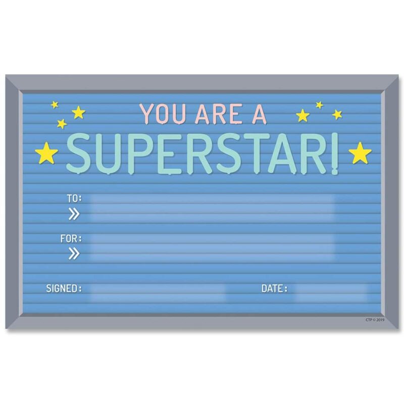 Creative teaching press let students know they are "superstars! " with this calm & cool superstar! Award. The playful letter board design is a fun way to recognize students" outstanding behavior, super effort, or positive attitude. This colorful student award can be used for children in a wide range of age or grade levels. Awards are easy to customize for each student and special occasion. Calm & cool is a décor collection that uses simple patterns and soft colors to evoke a feeling of calmness and soothe the senses. The result is a comforting classroom environment that promotes concentration, cohesiveness, and contentment. 30 colorful awards per package 5 ½" x 8 ½" bonus: awards are printed on sturdy paper stock so they can be enjoyed for years to come.