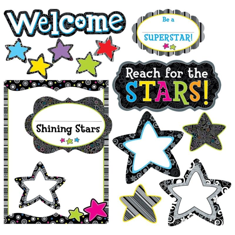 Creative teaching press make a sparkling impression with this stylish 40 piece back-to-school set. Contains 1 welcome sign, 3 motivational signs, 30 student pieces, 5 accent stars, a blank writing chart (17 ½" x 24"), and a 4-page guide with display ideas, activities, and a reproducible. 40 pieces.