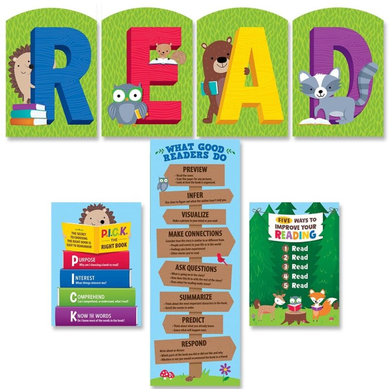 Creative teaching press inspire children to read with this charming woodland friends read bulletin board. It includes 4 large letter posters that when assembled spells read. Also included in the set are three mini reading posters. The inspiring messages and nature-themed woodland design make the large assembled read banner and mini posters perfect to use in so many places—the classroom, a school library, a school hallway, a preschool, and more! The fully assembled banner measures 4 feet wide! This reading bulletin board set includes: 1 large read banner featuring a hedgehog, an owl, a squirrel, a bear, and a raccoon (4 pieces assemble to create a banner that measures 48"w x 17" h) 3 mini posters: five ways to improve your reading—read, read, read, read, and read (8¾" x 12") p. I. C. K. The right book—purpose, interest, comprehend, know the words (8¾" x 12") what good readers do—preview, infer, visualize, make connections, ask questions, summarize, predict, and respond (8¾" x 24") bulletin board set also includes an instructional guide with bulletin board ideas, classroom activities, and a reproducible.