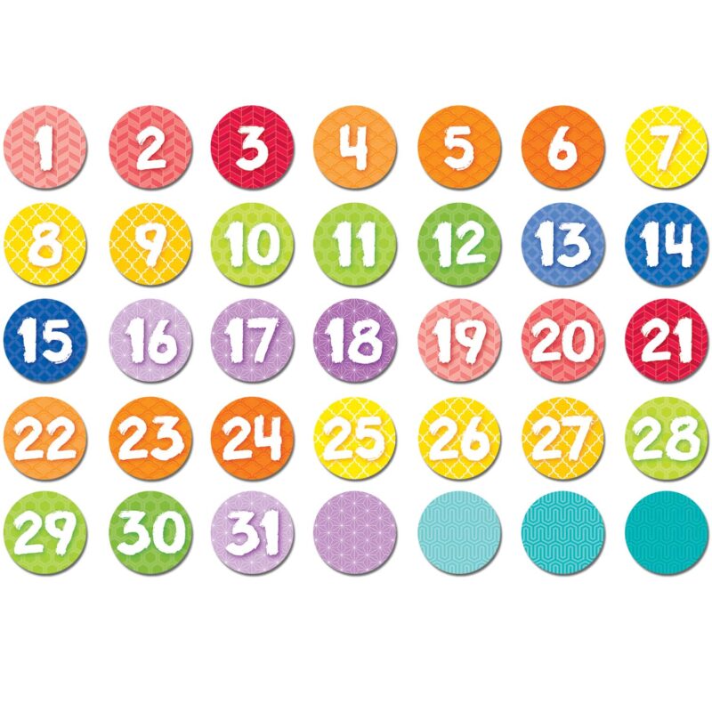 Creative teaching press give your year a vibrant look with these calendar days. 31 number days and 4 blank days for highlighting special events or holidays, and recognizing birthdays. 2 11/16" wide 35 pieces