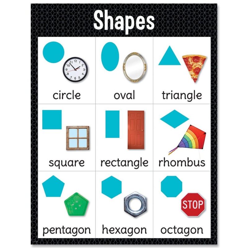 Creative teaching press teach shapes and shape names with this shapes chart. The photographic images of everyday objects help reinforce the understanding of shapes in the real world. This basic skills chart is great for direct instruction or as a reference for students practicing this concept.   use this learning chart in a daycare, preschool, elementary school classroom, or homeschool environment. Gr. Prek-k. Chart measures 17" x 22"
back of chart includes reproducibles and activity ideas.  