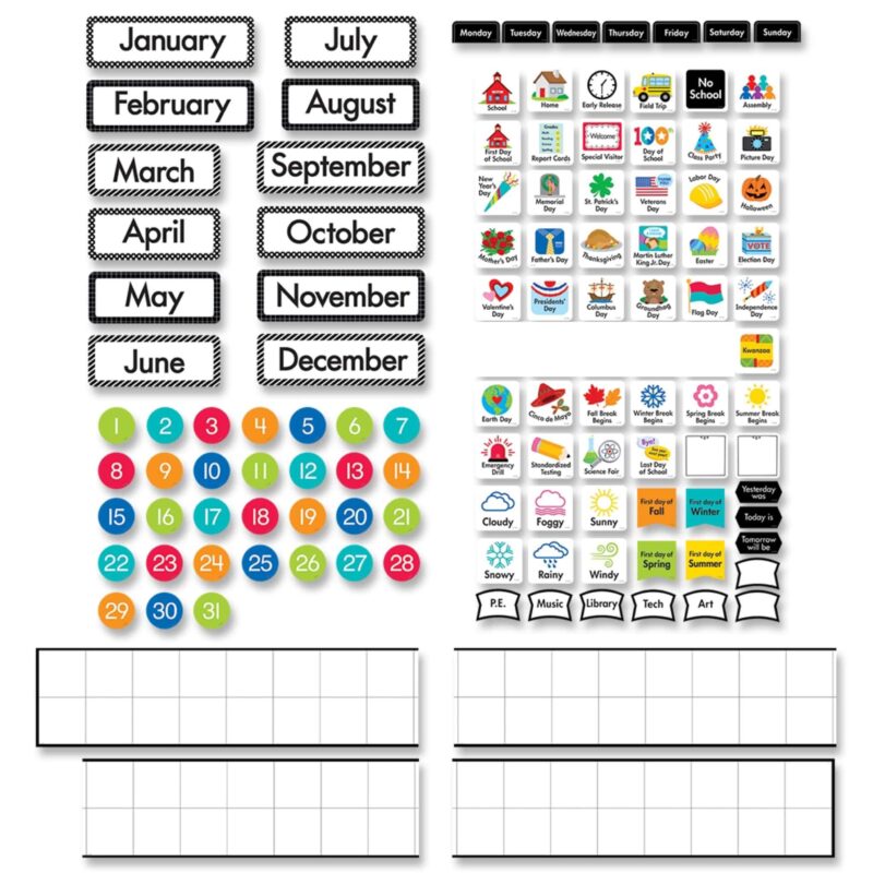 Creative teaching press a linear calendar is an effective early childhood tool that provides a concrete, meaningful way to help children understand and visualize the passage of time without the weekly line breaks used with a traditional calendar format. This continuous, linear calendar aids children’s ability to better understand the passage of time, which is often a difficult concept for young learners. Use this engaging, hands-on resource to introduce time and calendar concepts and vocabulary, keep children informed of upcoming classroom and schoolwide events, count down and anticipate upcoming holidays and special days, and highlight daily weather. The symbols and picture icons on the cards will help young learners link images with words and aid authentic conversations. Great for prek and kindergarten students. This 184-piece core decor linear calendar set bulletin board includes: 4 calendar grid pieces (measures 86. 875”w x 6" when assembled) 31 pre-numbered calendar days 12 month headlines 7 days-of-the-week labels 3 "yesterday was", "today is", and "tomorrow will be” labels 5 subject labels (p. E. , music, library, tech, art) correct and 6 blank labels
assorted pieces for weather and seasons
48 labels for school events, holidays, and other school activities
42 coordinating holiday and special day cards, 24 school cards, 5 no school cards, 10 home cards, 5 early release cards teacher tip: put this calendar low in your classroom so students can easily engage in moving the pieces and use/reference the content in their own meaningful way. Bulletin board set also includes an instructional guide with bulletin board ideas and classroom activities.  