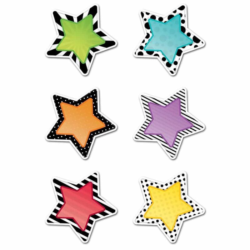 Creative teaching press these star 6" designer cut-outs are a great combination of bright colors and bold patterns. Each star features a brightly colored center (yellow, green, turquoise, orange, purple, or red) framed by a black and white dotted or striped edging. Put them back to back and hang them from the ceiling or in a window. These stars are perfect for use in a variety of classrooms and with students of all ages! 36 per package 6 each of 6 designs approximately 6"