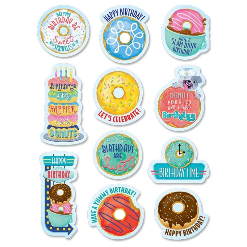 Creative teaching press birthdays are happier with these mid-century mod birthday donuts stickers!   nothing says let's celebrate more than colorful donuts topped with swirls of frosting and sweet sprinkles along side a cup of hot cocoa.   the mid-century design brings back the feel of a classic donut shop.   you can almost smell the sweetness and hear the '50s tunes playing.   
approx. 1. 25" to 2"
55 stickers per pack
acid-free
coordinates with mid-century mod products.