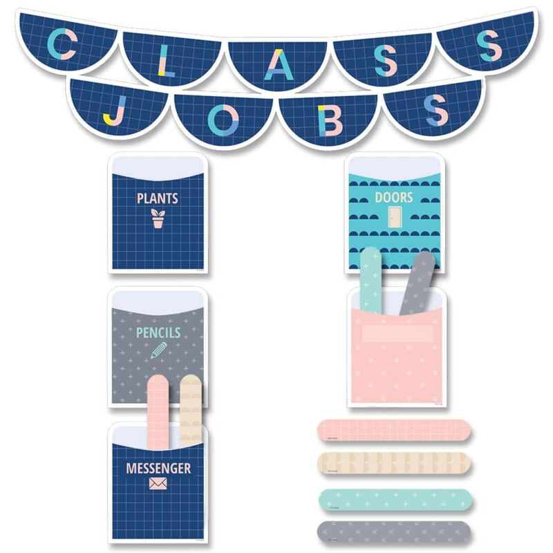 Creative teaching press serene colors and modern design combine to make a stylish and effective class jobs set - a classroom necessity! Use this calm & cool class jobs mini bulletin board in your classroom management plan to post classroom jobs and assign students to each job. This 51-piece classroom jobs mini bulletin board includes: 10 pre-labeled job pockets (messenger, pencils, doors, supplies, plants, chairs, pets, line leader, playground equipment, and papers) (4. 5" x 5")
4 blank job pockets (4. 5" x 5")
36 student job sticks (. 75" x 5. 5")
"class jobs" banner (20" x 5. 5") calm & cool is a décor collection that uses simple patterns and soft colors to evoke a feeling of calmness and soothe the senses. The result is a comforting classroom environment that promotes concentration, cohesiveness, and contentment. Mini bulletin board set also includes an instructional guide with display ideas and classroom lesson activities.  