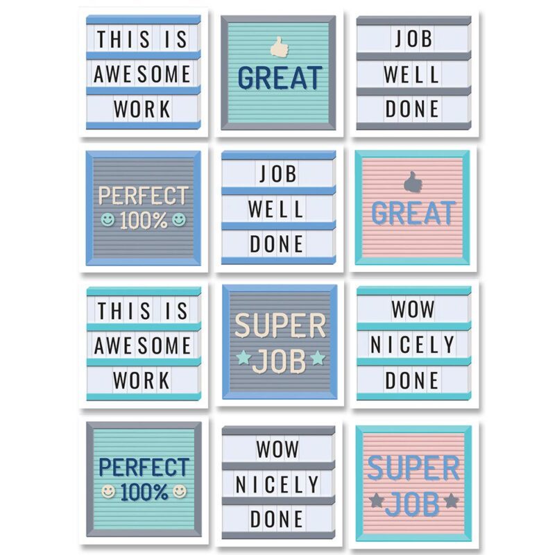 Creative teaching press reward students with these calm & cool classroom cool stickers. Inspirational sayings such as "this is awesome work," "perfect 100%," "wow nicely done," "great," "super job," and "job well done" are paired with a fun letter board design to create motivating reward stickers that will make students feel proud of their efforts. Calm & cool is a décor collection that uses simple patterns and soft colors to evoke a feeling of calmness and soothe the senses.   the result is a comforting classroom environment that promotes concentration, cohesiveness, and contentment. Approximately 1" to 1"
60 stickers per pack
acid-free