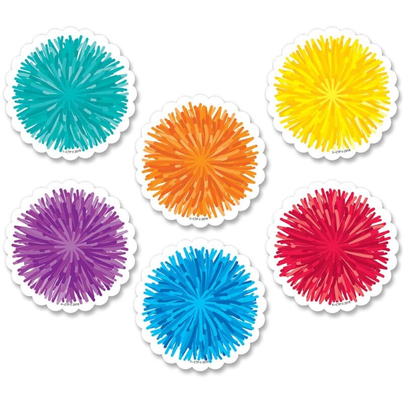 Creative teaching press these pom-poms 3" cut-outs are full of colorful cheer! The fun shape of these versatile cut-outs is perfect for accenting a variety of classroom displays, bulletin boards, and projects. Also, add any content (e. G. , math facts, vocabulary or spelling words, or science definitions) to the cut-outs to make instant flash cards, learning cards, or other classroom activity cards. 36 pieces per package 6 each of 6 colors: red, orange, yellow, purple, teal, bright blue