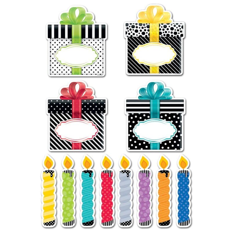 Creative teaching press festive birthday party 6" designer cut-outs are sure to bring sparkle to any birthday celebration! This set features an assortment of brightly colored birthday candles (yellow, lime green, turquoise, red, gray, purple, orange, and blue) with dripping wax and includes bold black and white polka dotted and striped presents with brightly colored bow accents. Great for any birthday celebration from young to old. 72 pieces per package 6 each of 8 candle designs 6 each of 4 present designs approximately 6"