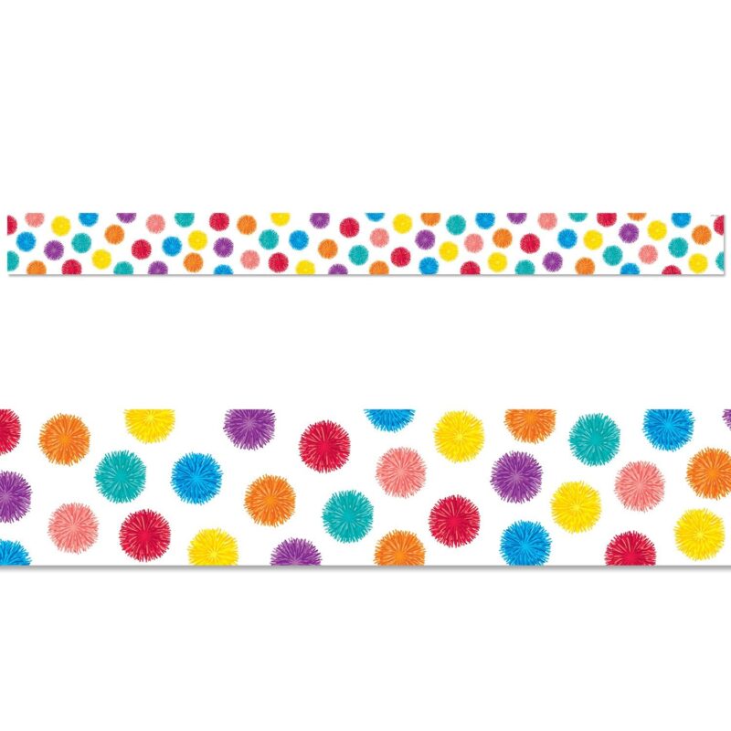 كريتف تيتشيج برس it's pom-poms!   it's polka dots!   it's pom dots! A rainbow of colorful mini pom-poms (pink, orange, red, turquoise, yellow, blue, and purple) are featured on a white background on this pom dots border.   the cheerful rainbow-colored pom-pom dots are perfect for use on just about any bulletin board or in any grade classroom. The bright colors and festive design will make this a fun trim on bulletin boards featuring student art, cinco de mayo celebrations, and crafts.   35 feet per package
width: 3"