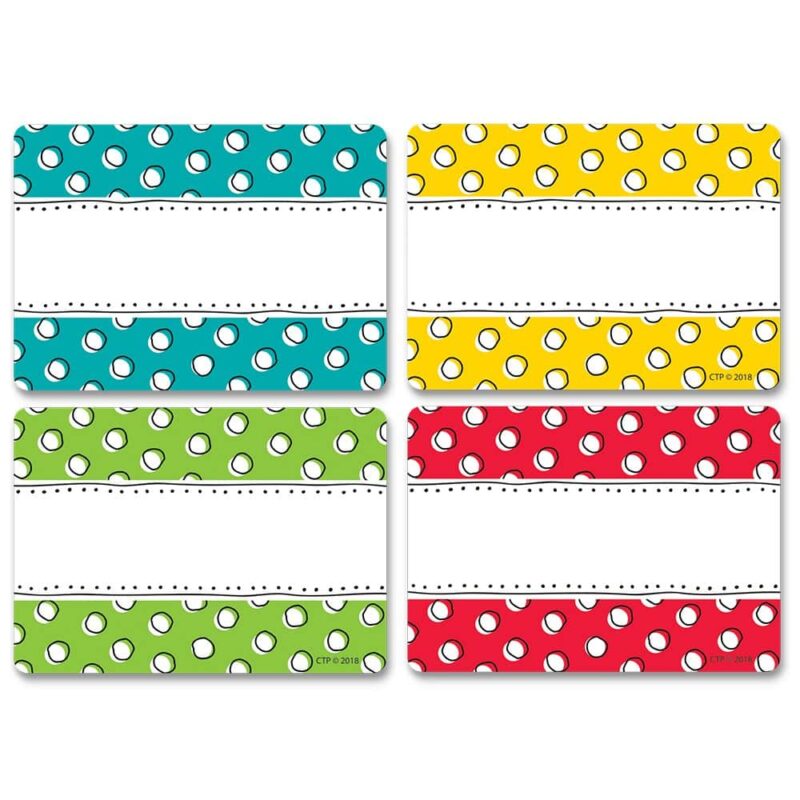 Creative teaching press doodle dots labels are versatile for use as name tags and as labels around the classroom. Use them as name tags for the first day of school, field trips, open house, back-to-school night, parent vistations, class parties, new students, and more! Or, use these colorful labels to organize your classroom, office, or supply area. They are great for labeling storage bins, folders, binders, and cubbies. The cute polka dot design makes them versatile for use in a variety of classroom displays and themes. Self-adhesive 3½" x 2½" 36 per package 9 each of 4 colors: red, teal, yellow, and lime green