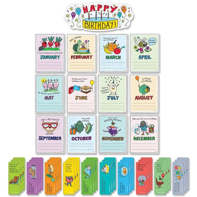 Creative teaching press it"s fun to shell-ebrate with this so much pun! Happy birthday bulletin board. This unique set brings humor and fun to student birthday celebrations:this 43-piece birthday bulletin board set includes 1 "happy birthday" title sign (15" x 6")30 student bookmarks with punny birthday riddles (2. 5" x 7")12 months with birthday puns (6. 25" x 8. 25"): january—it"s your birthday. Turn up the beet! (beets) february—shell-ebrate! (turtle) march—orange you glad it"s your birthday (fruit) april—hap-bee birthday (bee) may—we herd it"s your birthday... (cows) june—sending you s"more birthday wishes! (s"more) july—have an eggcellent birthday! (egg) august—lettuce celebrate (lettuce with present) september—have a spec-tacular birthday (cat with glasses) october—avo great birthday! (avocados) november—here is your birthday pheasant (pheasant) december—hope you have an ice birthday! (penguin) so much pun! Is a décor collection that highlights the humorous use of words and phrases that are alike or nearly alike in sound but different in meaning.  the smp collection uses wordplay to bring a fun and lighthearted vibe to the classroom that students and teachers will love. Bulletin board set also includes an instructional guide with bulletin board ideas, classroom activities, and a reproducible. Coordinates with so much pun products.