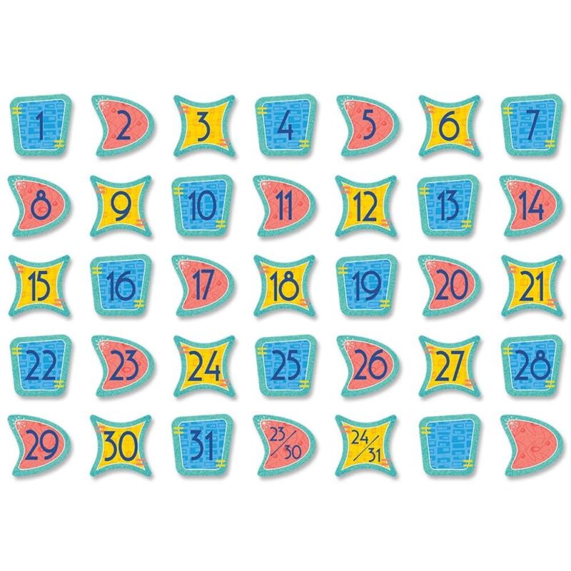 Creative teaching press these retro-inspired mid-century mod calendar days are a throwback to the popular shapes and colors from mid-century design.   pack contains 31 number days (designs form an abc pattern), 2 combined number days (23/30 and 24/31) and 2 blank days for highlighting special events or holidays and recognizing birthdays. Calendar days are great for use on a classroom calendar during the daily calendar lesson or circle time. They can also be used as student numbers to label cubbies, folders, desks, and more! Size: approx. 2 3/4" x 2 3/4"
35 pieces
coordinates with mid-century mod products.