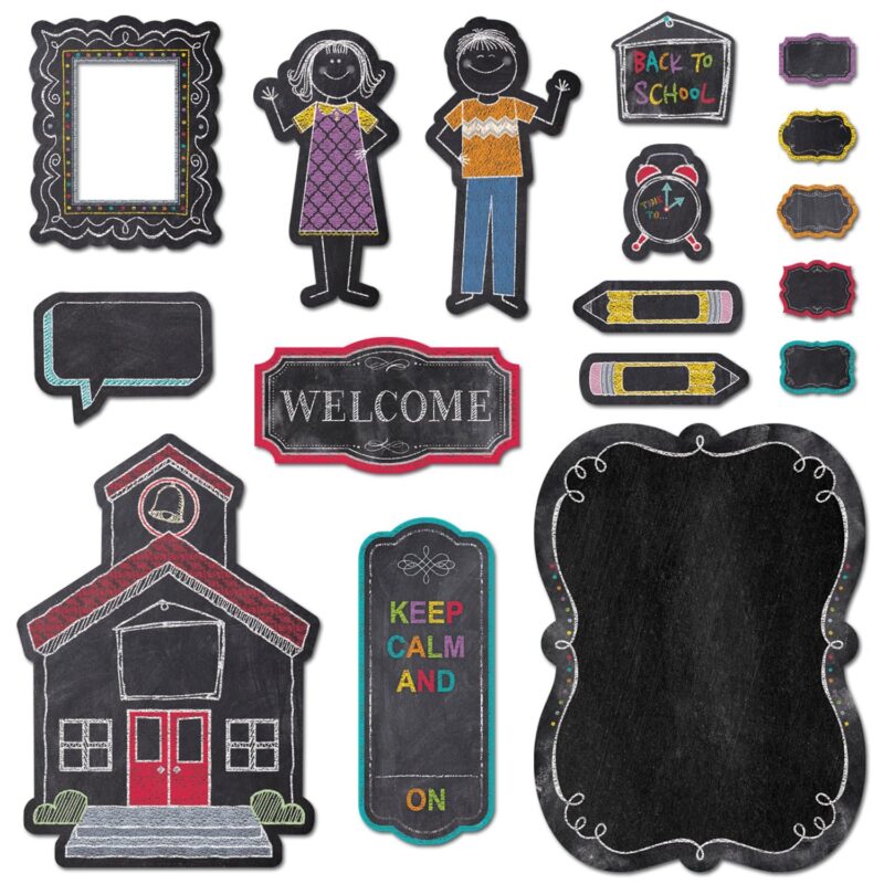 Creative teaching press add old-school style to your classroom with this 42-piece back-to-school display. This chalkboard-style set provides a playful way to decorate your walls, display student work, and welcome everyone to your charming room! Set includes a welcome sign, 1 large schoolhouse, 1 back to school sign for the schoolhouse, 1 time to sign, 1 keep calm sign, 2 large stick kids, 1 blank speech bubble, 1 frame, a blank writing chart, 2 pencils, 30 student pieces, and ideas for display and use. Pieces range in size from 4 ½" × 6" to 16" × 23"