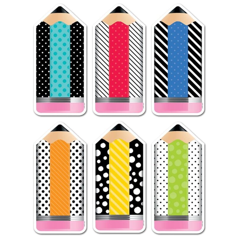 Creative teaching press these large striped & spotted pencils 10" designer cut-outs are a new take on the classic wooden pencil. The bold dots and striped patterns along with the rainbow of bright colors (turquoise, red, yellow, green, blue, and orange) give these versatile cut-outs a modern twist. Each pencil is approximately 9 ½" x 4 ½" 24 per package 4 each of 6 designs