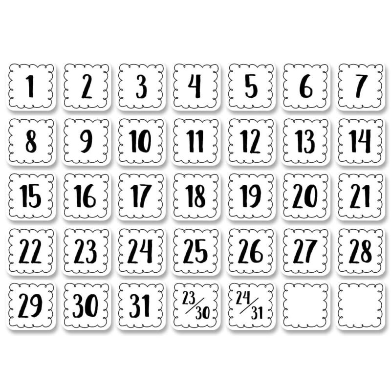 Creative teaching press so stylish and so simple, these black and white loop-de-loop calendar days are sure to become your favorite way for marking the days on your classroom calendar. Pack contains 31 number days, 2 combined number days (23/30 and 24/31), and 2 blank days for highlighting special events or holidays and recognizing birthdays. Calendar days are great for use on a classroom calendar during the daily calendar lesson or circle time. They can also be used as student numbers to label cubbies, folders, desks, and more! Size: approx. 2 ¾" x 2 ¾"
35 pieces