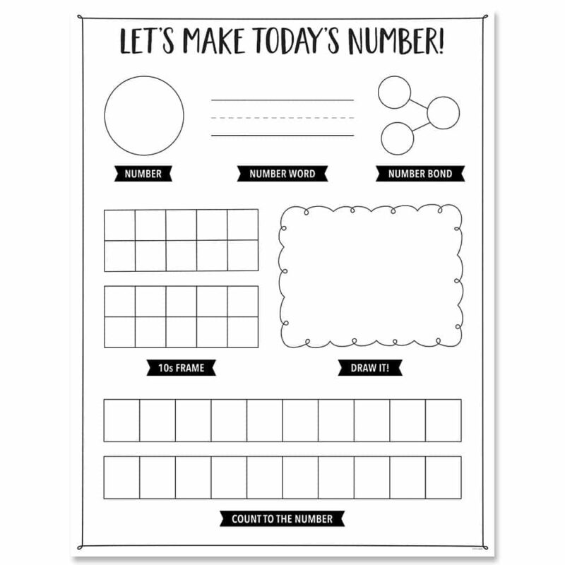 Creative teaching press this is more than your basic chart... It's a chart with a purpose!   use this make today's number chart as a part of your number of the day and daily math practice. On the chart template, the teacher or students can copy the number of the day and then fill in information.   includes fields for the number, number word, number bond, 10 frame, and count to the number.   also includes a spot to draw a picture that represents the number.   use this when making your own math anchor charts.   can be used in a math center for individual completion or in small group instruction. Chart measures 17" x 22"
back of chart includes reproducibles and activity ideas. Teacher tip: laminate this chart and use with dry-erase markers for repeated use and durability.