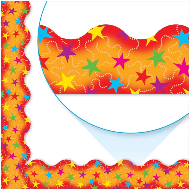 Trend enterprises set the theme for your bulletin board sets, announcements, and calendars with fun patterns and bold artwork. Great for parties, meeting rooms, lobbies, break areas. Handy for art and craft projects, too. Reusable, pre-cut, and scalloped trimmers are 2 1/4" wide, with 32 1/2' in a pack.