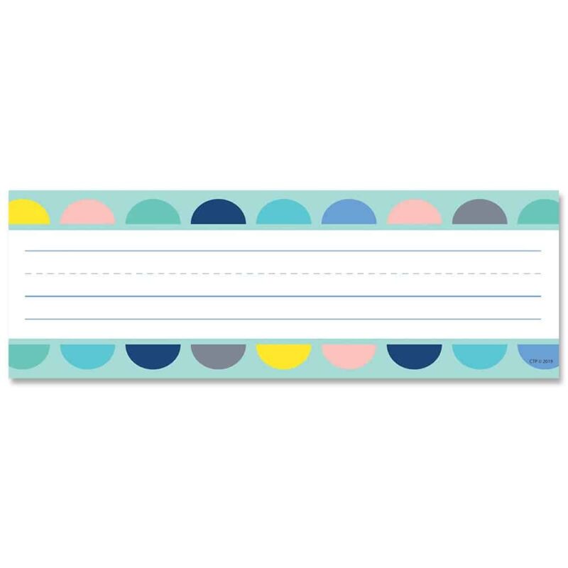 Creative teaching press these calm & cool half-dots on turquoise name plates are a charming way to label student desks.   name plates can also be used to personalize cubbies, seats at the table, take-home bags, classroom cabinets, folders, and more! These student name plates are great for use in the classroom, at a day care, at a , or at a preschool.   
calm & cool is a décor collection that uses simple patterns and soft colors to evoke a feeling of calmness and soothe the senses.   the result is a comforting classroom environment that promotes concentration, cohesiveness, and contentment. Name plates are 9½" x 3¼"
36 name plates per package